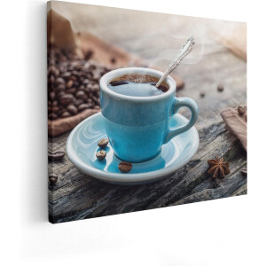 Artaza Canvas Schilderij Blauw Kopje Koffie Met Koffiebonen - 50x40 - Foto Op Canvas - Canvas Print