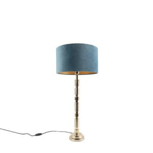 QAZQA Art deco tafellamp goud met velours blauwe kap 35 cm - Torre