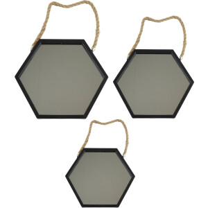 Orange85 Spiegel - Hexagon - Set 3 Delen - Zwart glas - Touw