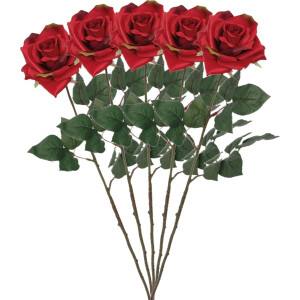 Mica Decorations Kunstbloem Roos Emily - 5x - 66 cm - rood - polyester - kunststof - kunstbloemen