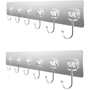 Wandhaken 6-in-1 zilveren metalen haken 2 stuks - Zelfklevende Handdoekhaakjes - Opbergorganizer - Plakhaak - Ophanghaken voor in huis, tuin en/of keuken