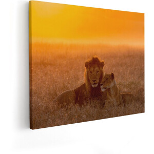 Artaza Canvas Schilderij Leeuw En Leeuwin Tijdens Zonsondergang - 100x80 - Groot - Foto Op Canvas - Canvas Print