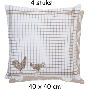 Clayre & Eef - Sierkussenhoes kussenhoes - textielserie Landelijk - geruit - Kippen & Hanen - 40 x 40 cm - 4 stuks