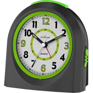 ATRIUM - Wekker - Kinderen - Meisjes - Jongens - Analoog - Zonder tikgeluid - LED-licht - Licht/ wijzerplaatverlichting - Glow-in-the-dark wijzers -Zwart / Groen - Opbouwend geluidniveau - Grote drukknoppen - Snooze - Slaapkamer - Klok - A921-7