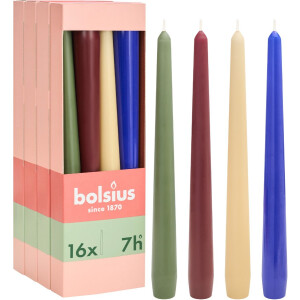 Bolsius - Dinerkaarsen Set - 16 stuks - Playful Class - Rood - Beige - Blauw - Groen - 7 branduren