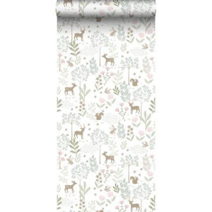 ESTAhome behang bos met bosdieren groen en roze - 53 cm x 10,05 m - 13