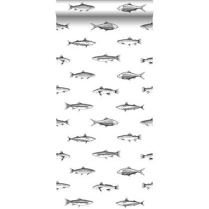 ESTAhome behang pentekening vissen wit en zwart - 0,53 x 10,05 m - 138