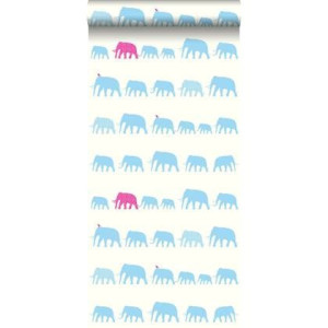 ESTAhome behang olifanten turquoise en roze - 53 cm x 10,05 m - 137329