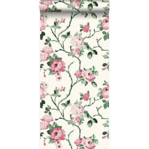 Origin Wallcoverings behang bloemen roomwit, roze en groen - 53 cm x 1