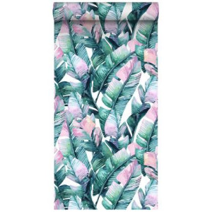 ESTAhome XXL behang bananenbladeren turquoise en roze - 50 x 900 cm -
