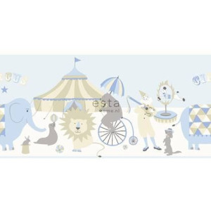 ESTAhome behangrand circus figuren lichtblauw, beige en wit - 26,5 cm
