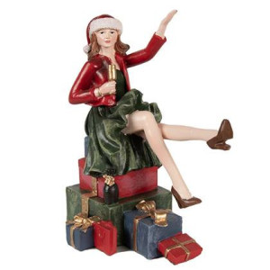 Clayre & Eef Kerstdecoratie Beeld Vrouw 18 cm Rood Polyresin