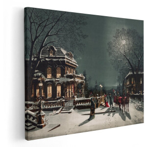 Artaza Canvas Schilderij Winterlandschap - 150x120 cm - Groot - Vintage Wanddecoratie Victoriaans Huis - Muurdecoratie Paard En Slee - Schilderijen Op Canvas