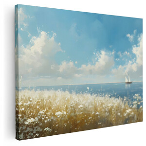 Artaza Canvas Schilderij Landschap - 160x120 cm - Groot - Wanddecoratie Strand En Zee - Muurdecoratie Bloemenveld - Decoratie Zeilboot - Kamer Accessoires