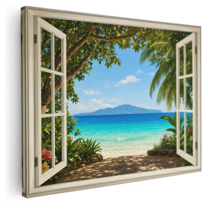 Artaza Canvas Schilderij Tropisch Strand - Zeezicht Met Palmbomen - 120x90 cm - Groot - Wanddecoratie Woonkamer - Schilderijen - Muurdecoratie