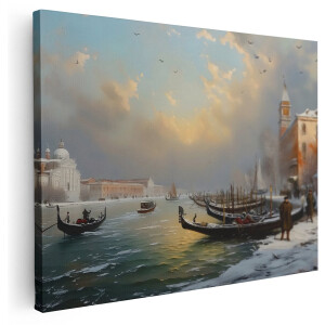 Artaza Canvas Schilderij Winterlandschap - 160x120 cm - Groot - Wanddecoratie Venetië - Muurdecoratie Gondels - Klassieke Schilderijen Op Canvas