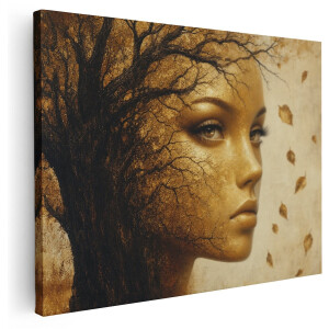 Artaza Canvas Schilderij Vrouw Met Boom - Abstract Gouden Portret - 80x60 cm - Wanddecoratie Woonkamer - Schilderijen - Muurdecoratie