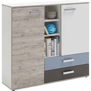 Opbergkast Lando Wit - Zandeiken - Breedte 116.9 cm - Hoogte 105 cm - Diepte 33 cm - Met lades - Met planken - Met openslaande deuren