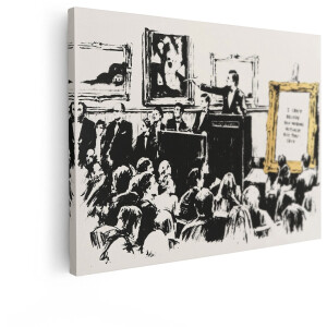 Artaza Canvas Schilderij Veilingmeester Wijst Naar Kunstwerk met Tekst - Publiek Kijkt Toe - 80x60 cm - Wanddecoratie Woonkamer - Schilderijen - Muurdecoratie