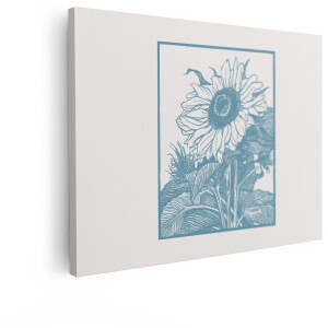 Artaza Canvas Schilderij Zonnebloem - 120x90 cm - Wanddecoratie Bloemen - Muurdecoratie Line Art - Decoratie Vintage Blauw