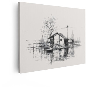 Artaza Canvas Schilderij Landschap - 120x90 cm - Wanddecoratie Huisje Aan Het Water - Muurdecoratie Landelijk - Zwart Wit Schets