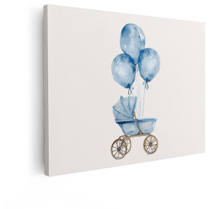 Artaza Canvas Schilderij Babywagen - 120x90 cm - Wanddecoratie Babykamer - Muurdecoratie Jongenskamer - Decoratie Ballonnen Blauw