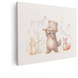 Artaza Canvas Schilderij Schattige Dieren - 40x30 cm - Wanddecoratie Kinderkamer - Muurdecoratie Konijn En Vos - Decoratie Babykamer Muziek