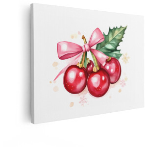 Artaza Canvas Schilderij Kerstdecoratie - 40x30 cm - Wanddecoratie Kersen - Muurdecoratie Hulst - Schilderijen Op Canvas Roze