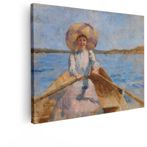 Artaza Canvas Schilderij Vrouw in Roeiboot met Grote Hoed op een Zonnige Dag op het Water - 80x60 cm - Wanddecoratie Woonkamer - Schilderijen - Muurdecoratie