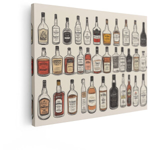 Artaza Canvas Schilderij Diverse Collectie van Vintage Flessen met Drank - Getekend in een Illustratiestijl - 40x30 cm - Klein - Wanddecoratie Woonkamer - Schilderijen - Muurdecoratie