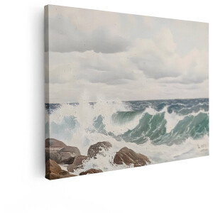 Artaza Canvas Schilderij Schilderij van een Woeste Zee Die tegen Rotsachtige Kustlijn Slaat met Dramatische Wolken - 80x60 cm - Wanddecoratie Woonkamer - Schilderijen - Muurdecoratie