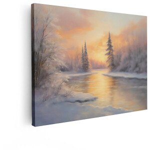 Artaza Canvas Schilderij Schilderachtig Winterlandschap met Besneeuwde Bomen en een Rivier bij Zonsopgang - 80x60 cm - Wanddecoratie Woonkamer - Schilderijen - Muurdecoratie