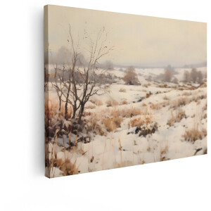 Artaza Canvas Schilderij Winterlandschap - 120x90 cm - Wanddecoratie Natuur - Muurdecoratie Besneeuwde Velden - Schilderijen Bomen - Beige