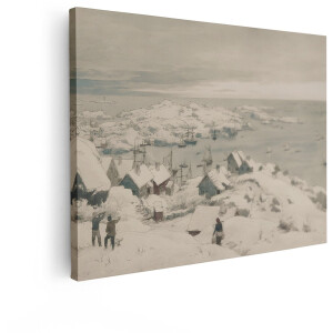 Artaza Canvas Schilderij Winterse Haven met Schepen en Besneeuwde Huizen - een Idyllisch Landschap - 120x90 cm - Groot - Wanddecoratie Woonkamer - Schilderijen - Muurdecoratie