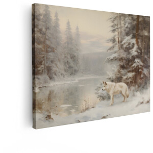 Artaza Canvas Schilderij Een Witte Wolf Staat in de Sneeuw bij een Bevroren Rivier in een Winterbos - 120x90 cm - Groot - Wanddecoratie Woonkamer - Schilderijen - Muurdecoratie