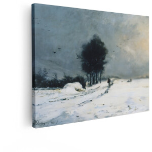 Artaza Canvas Schilderij Een Schilderij van een Winterlandschap met Mensen en Vogels in de Lucht - 80x60 cm - Wanddecoratie Woonkamer - Schilderijen - Muurdecoratie