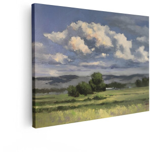 Artaza Canvas Schilderij Schilderij van een Weids Landschap met Dramatische Wolken en Groene Velden - 80x60 cm - Wanddecoratie Woonkamer - Schilderijen - Muurdecoratie