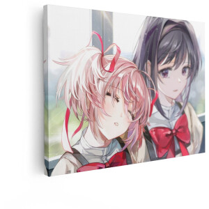 Artaza Canvas Schilderij Twee Anime Meisjes met Strikken in hun haar - een Leunt op de Ander - 40x30 cm - Klein - Wanddecoratie Woonkamer - Schilderijen - Muurdecoratie