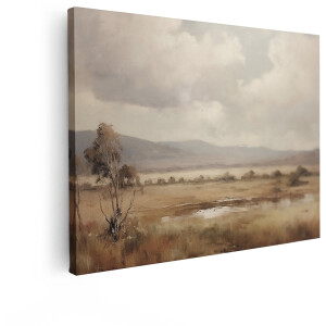 Artaza Canvas Schilderij Landschap - 80x60 cm - Wanddecoratie Bergen - Muurdecoratie Natuur Vintage - Decoratie Landelijk Woonkamer - Beige