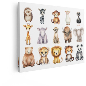 Artaza Canvas Schilderij Schattige Aquarel Safari Dieren Collectie voor Kinderen - 80x60 cm - Wanddecoratie Woonkamer - Schilderijen - Muurdecoratie