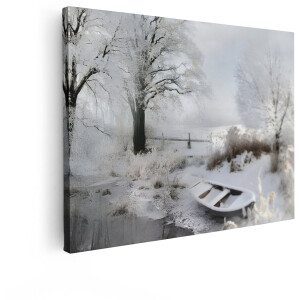 Artaza Canvas Schilderij Winter Landschap - 80x60 cm - Wanddecoratie Boot In Sneeuw - Muurdecoratie Natuur - Decoratie Bomen Winters Tafereel