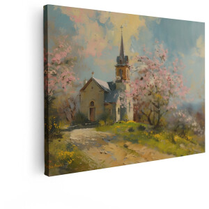 Artaza Canvas Schilderij Landschap - 120x90 cm - Wanddecoratie Kerk - Muurdecoratie Bloesem - Decoratie Lente - Schilderijen Op Canvas