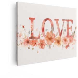 Artaza Canvas Schilderij Love Tekst - 40x30 cm - Wanddecoratie Bloemen - Muurdecoratie Romantisch - Schilderijen Op Canvas Roze