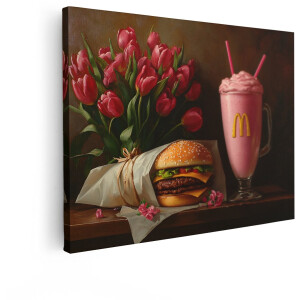 Artaza Canvas Schilderij Romantisch Diner met Mcdonald'S Hamburger en Roze Milkshake - Omringd door Tulpen - 120x90 cm - Groot - Wanddecoratie Woonkamer - Schilderijen - Muurdecoratie