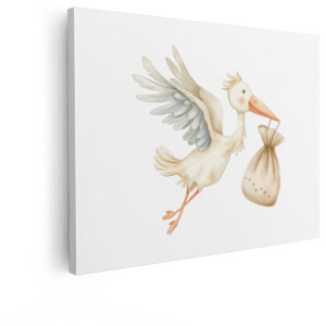 Artaza Canvas Schilderij Ooievaar Met Babyzakje - 40x30 cm - Wanddecoratie Kinderkamer - Muurdecoratie Vogel - Schilderijen Babykamer