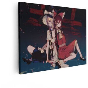 Artaza Canvas Schilderij Twee Anime Meisjes met Kattenoren Zitten Rug aan Rug in een Duistere Omgeving - 80x60 cm - Wanddecoratie Woonkamer - Schilderijen - Muurdecoratie