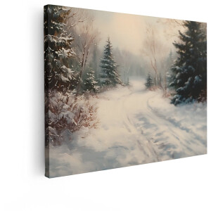Artaza Canvas Schilderij Schilderachtige Besneeuwde Bosweg met Sporen in de Winterse Natuur - 80x60 cm - Wanddecoratie Woonkamer - Schilderijen - Muurdecoratie