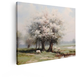 Artaza Canvas Schilderij Schilderij van Schapen in een Weide met Bloeiende Bomen en een Rivier - 40x30 cm - Klein - Wanddecoratie Woonkamer - Schilderijen - Muurdecoratie