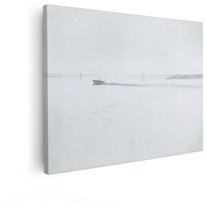 Artaza Canvas Schilderij Een Roeiboot met twee Personen Vaart over een Kalme - Mistige Rivier - 80x60 cm - Wanddecoratie Woonkamer - Schilderijen - Muurdecoratie