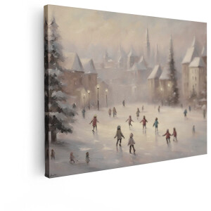 Artaza Canvas Schilderij Winter Schilderij - 120x90 cm - Wanddecoratie Schaatsende Kinderen - Muurdecoratie Landschap - Decoratie Woonkamer